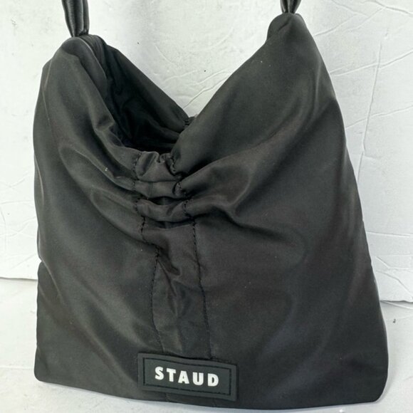 STAUD Felix Shoulder Bag Nylon Leather Trimmed Ruched Shell Tote Logo Zip Pocket - Picture 6 of 16